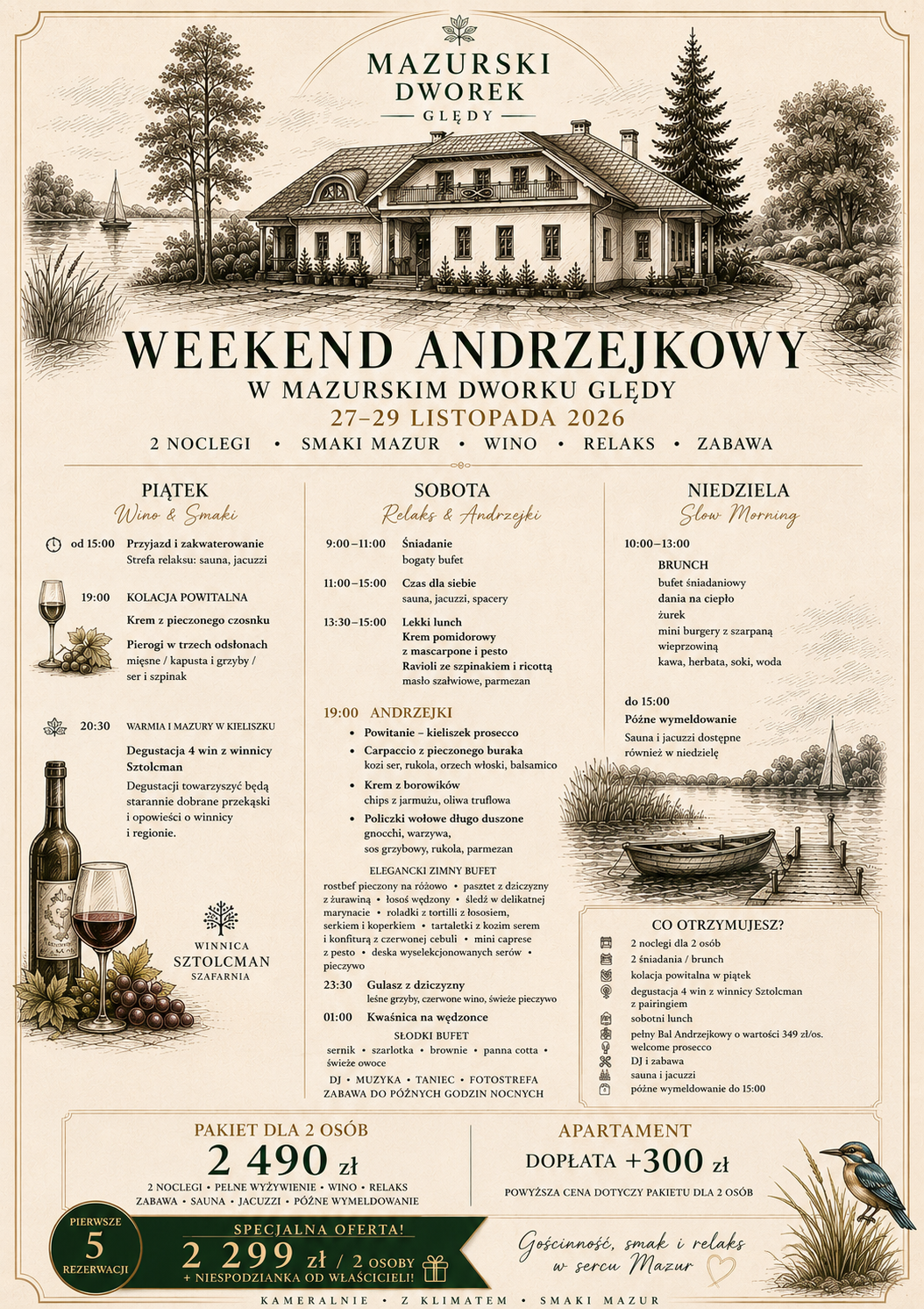 Oferta Weekendu Andrzejkowego w Mazurskim Dworku Ględy